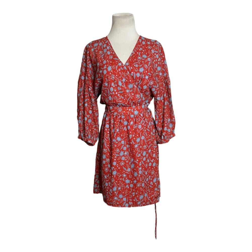 Allison Jay red floral 3/4 sleeves lined wrap dress size Small